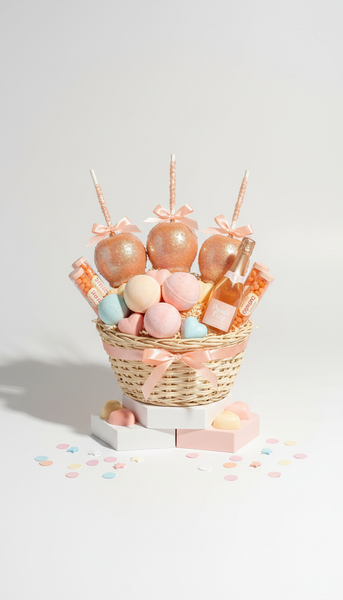 Customizable gift basket with peach fizz accents